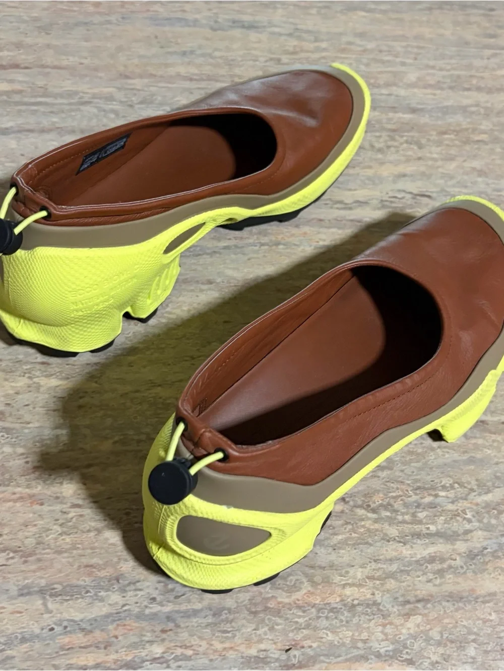 Ecco Biom Natural Motion Brown Leather Slip-On Sneakers with Neon Yellow Accents